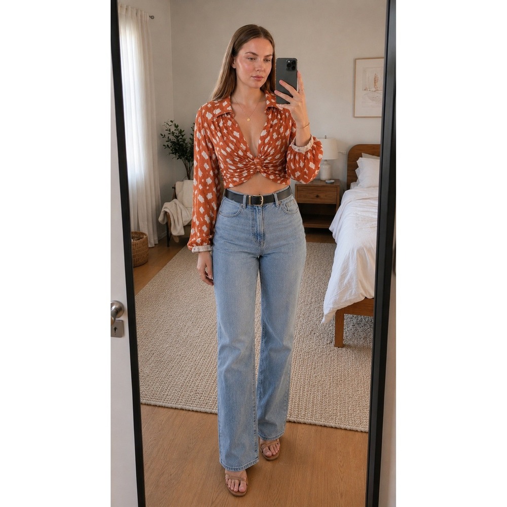 Zara Linen Blend‎ Crop Blouse XL Orange Abstract Twist Front Beaded Resort Boho